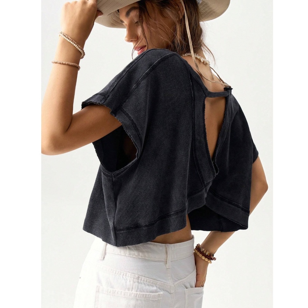 Black Cotton Oversized Cropped Muscle Tee Shirt Raw Hem and Inside Out Stitches - Picture 4 of 11